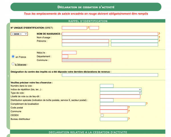 déclaration cessation auto entreprise